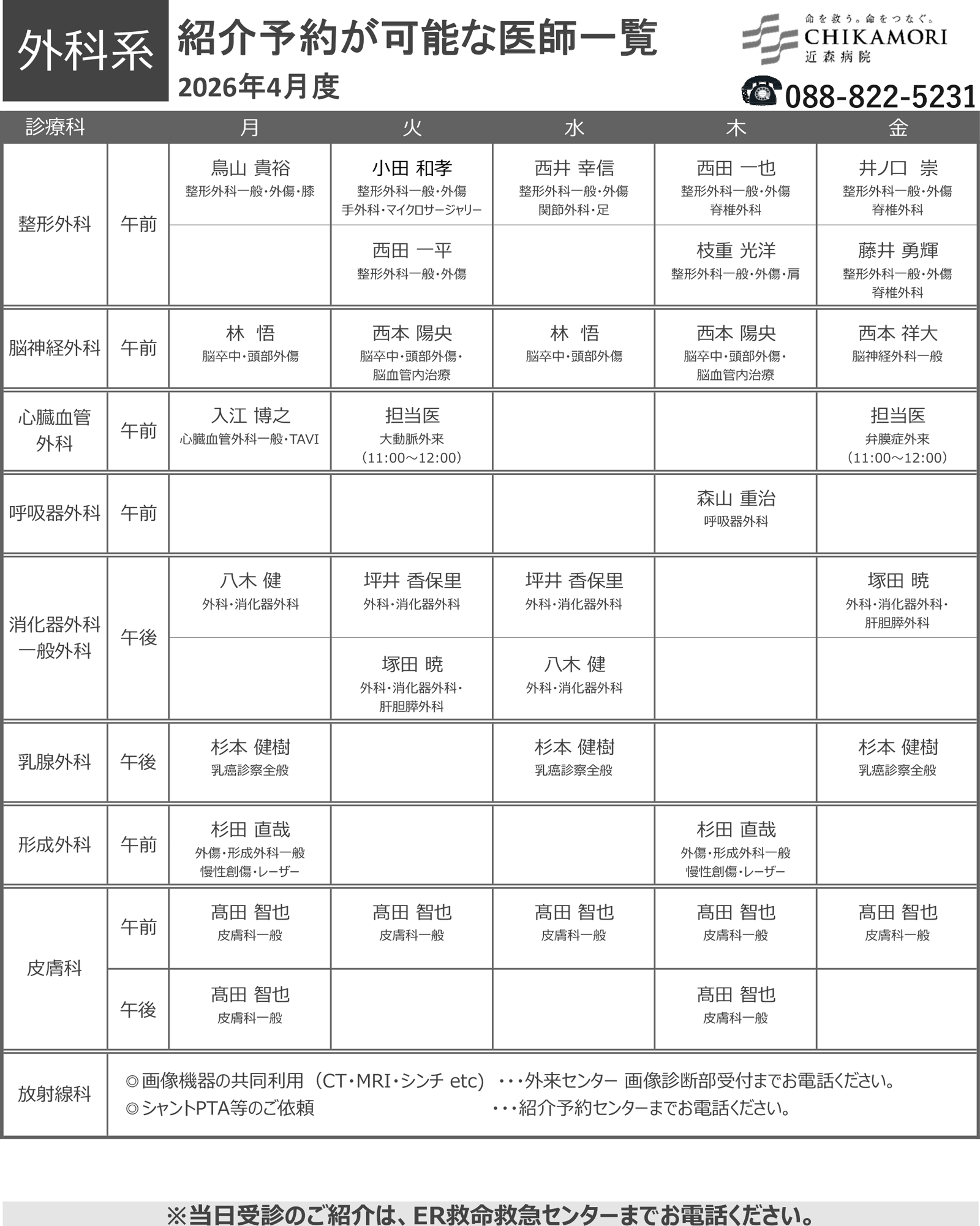 紹介予約が可能な医師一覧表（2026年4月）