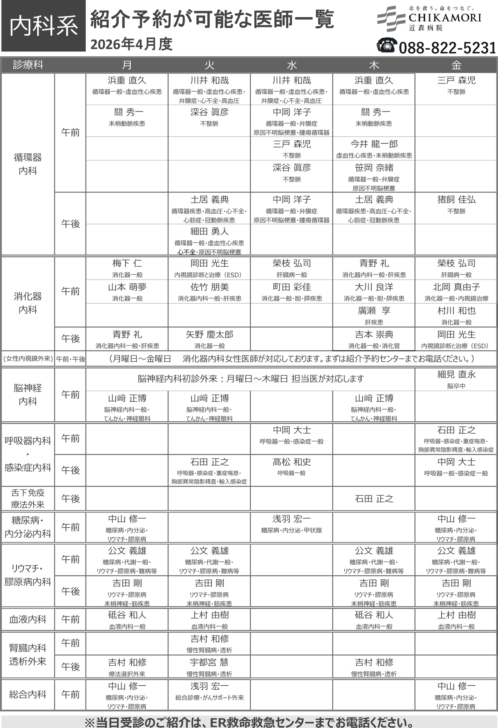 紹介予約が可能な医師一覧表（2026年4月）
